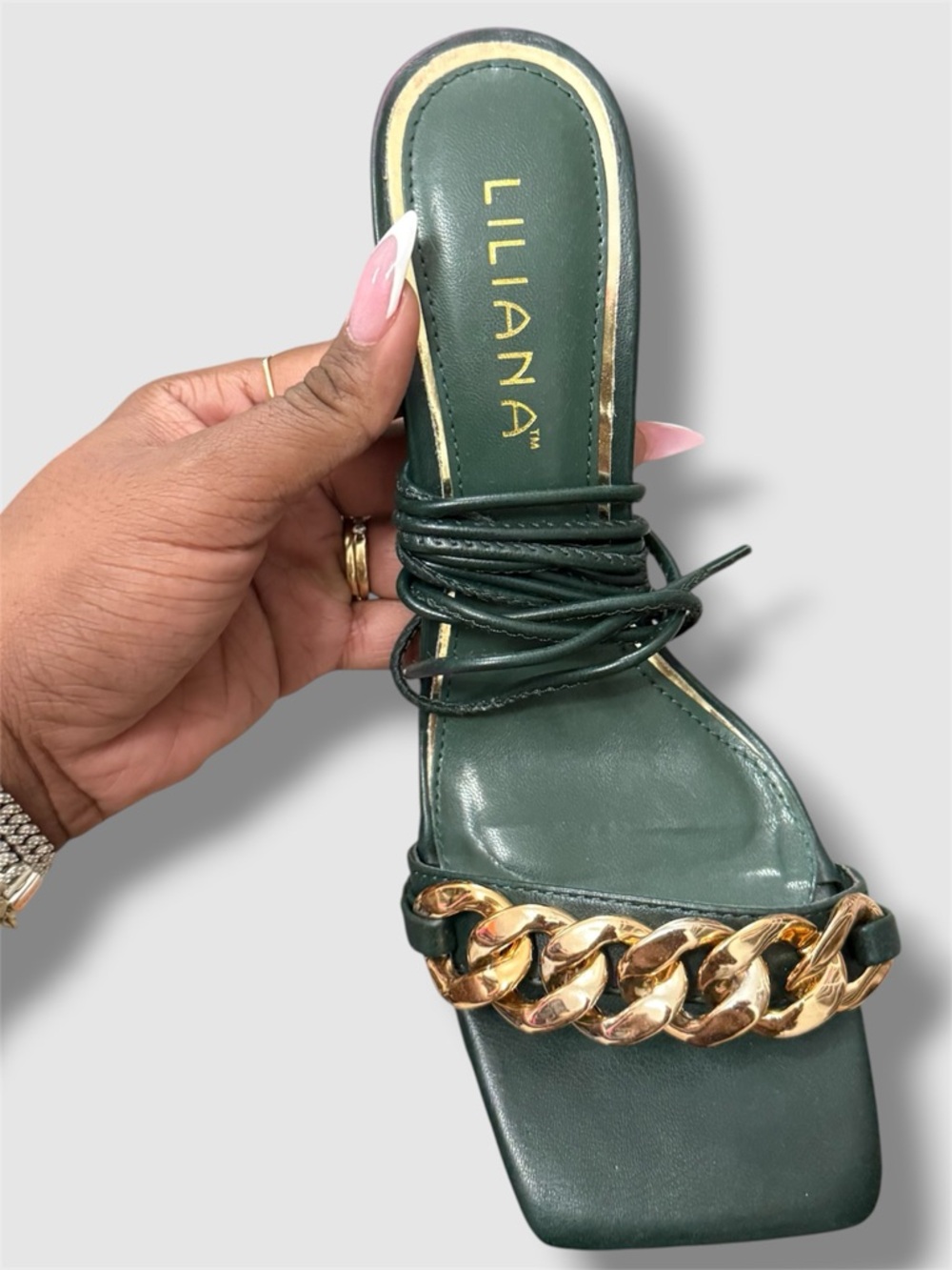 Green Chain Detail Lace-Up High Heel - 9 - Picture 6 of 7